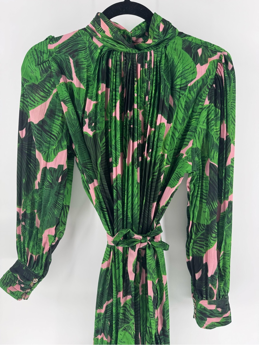 Beulah Style Palm Print Pleated Maxi Dress Green Pink Tropical Long Sleeve Sz M - Picture 5 of 11
